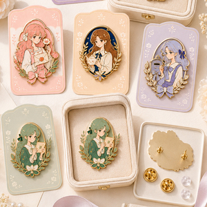 Pins en émail dur personnalisés avec personnage de fille originale, plaqués or, badges de revers en métal mignons - Product Image 2