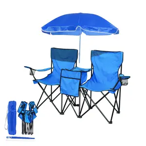 户外折叠椅顶篷带遮阳双座最舒适带杯架2人折叠野营椅