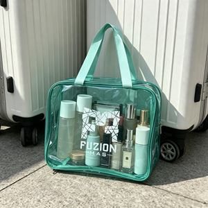 Bolsa de Cosméticos Verde Impermeable de PVC con Logotipo Personalizado, Bolsa de Aseo de Viaje de Gran Capacidad, Organizador de Maquillaje Transparente a Prueba de Fugas con Asa - Product Image 4