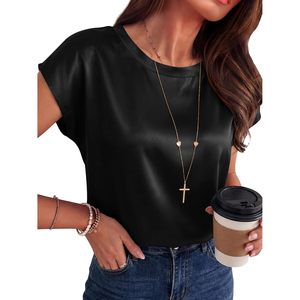 Womens Silk Satin Top Cap Sleeve Crew Neck Anti-Wrinkle Office Casual <b>Blouse</b> Summer Outfit - Product Image 1