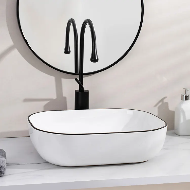 Arte bacia banheiro preto design de aro cerâmica lavatório sanitário fabricante retangular pia do banheiro