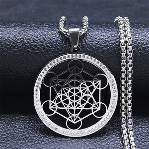 Collana Unisex in Acciaio Inox con Simbolo della Geometria Sacra, Catena con Fiore della Vita <span class=keywords><strong>e</strong></span> Cubo di Metatron - Product Image 2