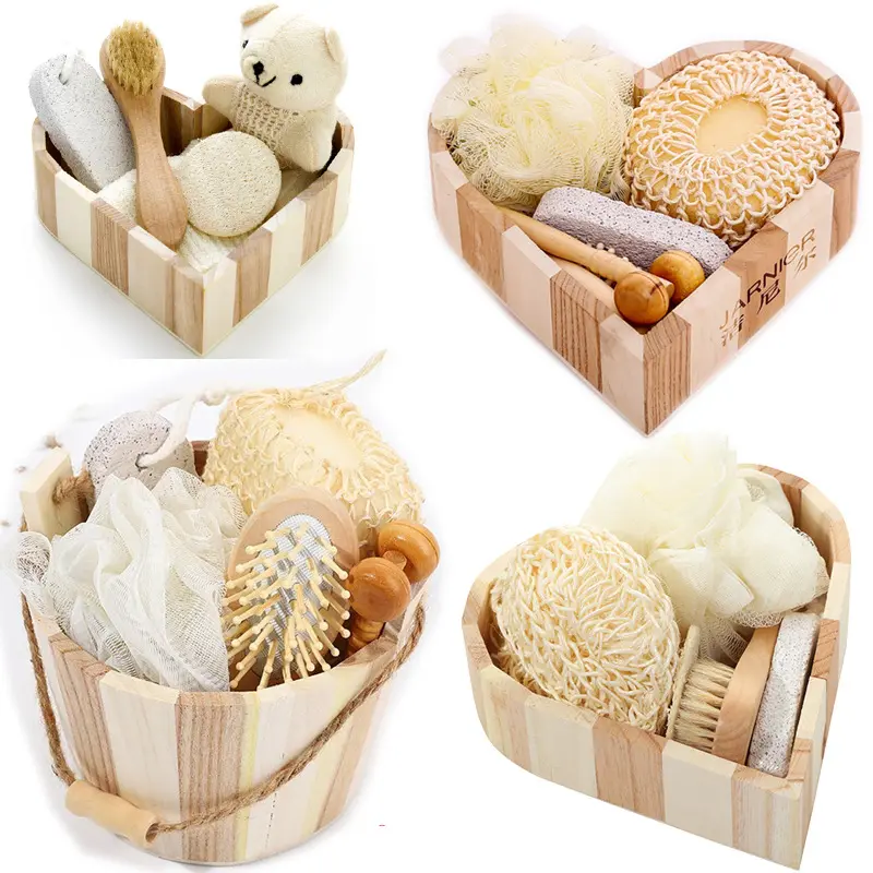 Noël nouvel an anniversaire saint valentin fête des mères en bois naturel seau-emballé Spa corps peau nettoyage spa bain cadeaux ensemble