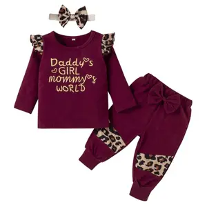 2022 Fashion baby gift sets newborn 12-24 Month 3pcs Baby Ruffle Leopard Pants Outfit TPFB-008