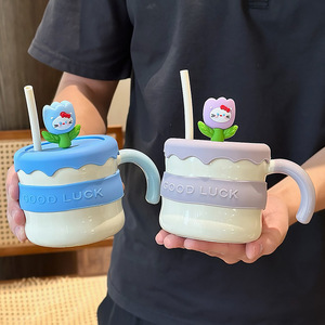 Jiao Porcelain Coffee Flower Cat High Appearance Level Straw Mark Ceramic <b>Mug</b> Lid Spoon <b>Cute</b> Gift Box Back to School Creativity - Product Image 2