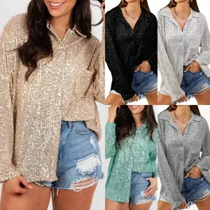 Customized Summer Autumn New Loose Pocket Long Sleeved Blouse Top Shirts Personality Sequin Button Up Casual Women Shirt