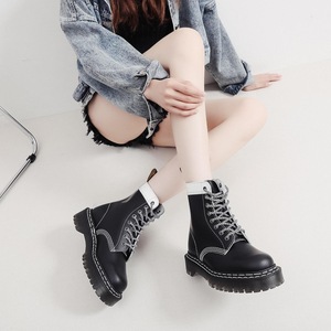 Work boots - Women's hard leather black and white patchwork short boots - Men's and women's smooth leather boots - Product Image 5