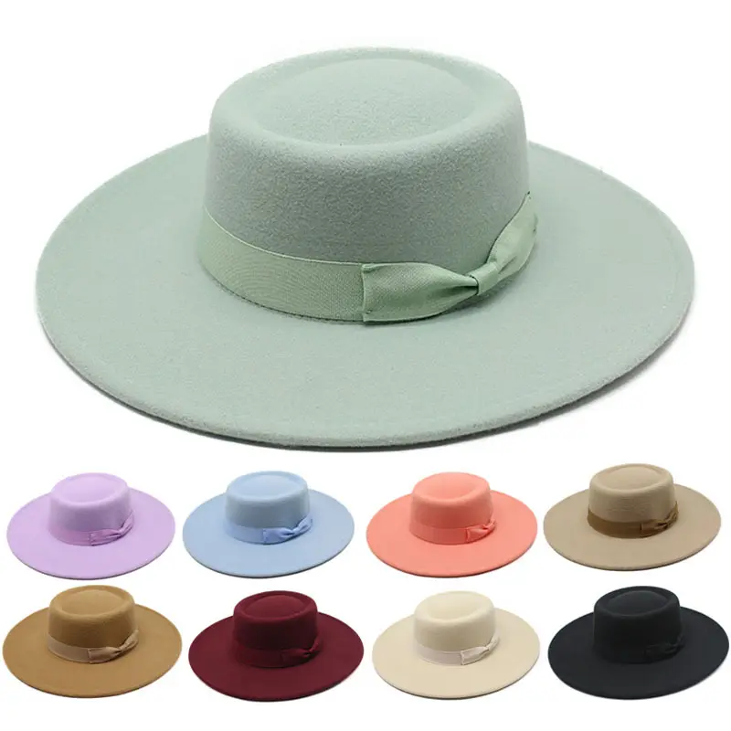 หมวกสักหลาดขนฟูติดโบว์โบว์หมวกทรงฟีโดร่าสำหรับทั้งชายและหญิงสีพื้น