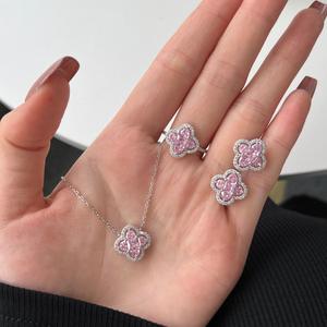Personnalisé 925 Sterling Silver Zircon <span class=keywords><strong>Rose</strong></span> Jaune CZ Pierre Chanceux Trèfle À Quatre Feuilles Collier Bague Boucles D'oreilles Ensemble de Bijoux pour Femmes - Product Image 2
