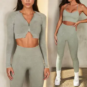 Hot Selling Women 5 Piece Women Workout Outfits Long Sleeve Zipper Jacket Gym Fitness Yoga Set Athletic Wear