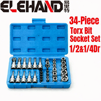 Jeu de douilles Torx et E-Torx Elehand OEM 34 pièces, embouts de sécurité anti-effraction 1/2 et 1/4, acier CRV, dans une boîte bleue