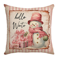 Housse de coussin de Noël rose, imprimé flocon de neige et bonhomme de neige, décoration festive, housse de coussin douce pour salon et chambre à coucher
