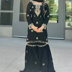 Designer Heavy Embroidery Sequence Work Top-Sharara Dupatta Indian & Pakistani Party Wear with <b>Lace</b> <b>Sleeves</b> Made Chinon Silk - Product Image 1