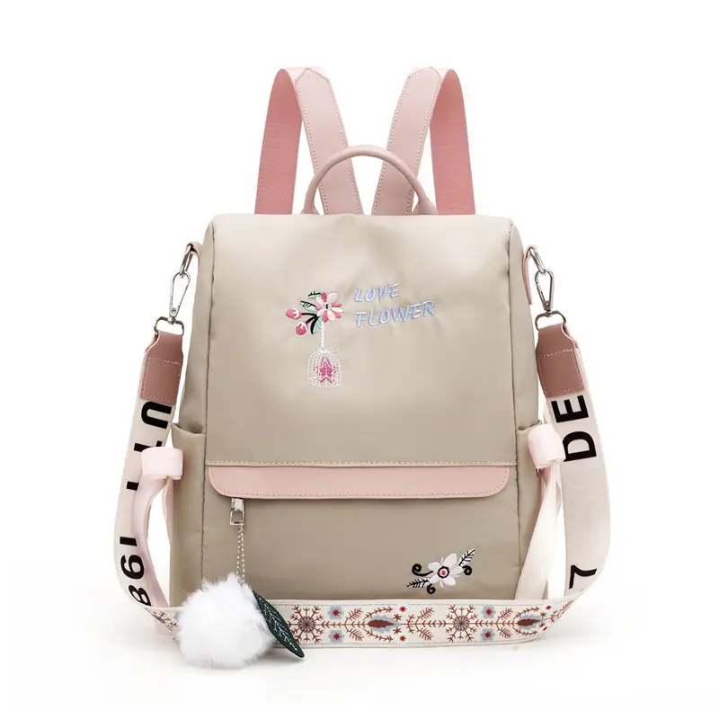 Natural Style Embroidered Backpack Fashion Casual Bag Nylon Anti-Theft Travel Bag Ladies Handbag