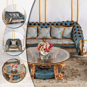Divano Classico di Lusso con Foglia d'Oro, Stile Barocco Turco, <span class=keywords><strong>in</strong></span> Broccato di Seta a Righe, con <span class=keywords><strong>Tavolino</strong></span> Rotondo <span class=keywords><strong>in</strong></span> <span class=keywords><strong>Vetro</strong></span> per Hotel di Lusso - Product Image 2