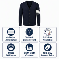 Suéter Cárdigan Personalizado OEM ODM para Hombre, Cuello en V, 4 Rayas, Botones al Frente, Bolsillo, 5 Colores, Venta al Por Mayor, Marca Privada, Pedido al Por Mayor