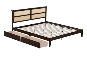 Modern King Size Adjustable Bed with Rattan <b>Headboard</b> Two Storage Drawers Oak Frame Enhanced Support Slats Feet 5-Year Warranty - Product Image 3