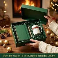 Coffret Cadeau de Noël Festif pour Entreprises : Tasse en Céramique, Carnet Spirale et Stylo Métallique (3 Pièces) pour Employés et Clients