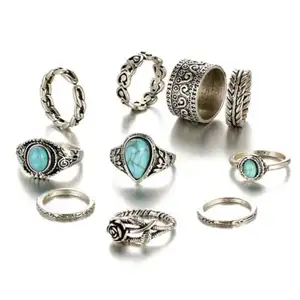 Grosir Cincin Perhiasan Mode Totem Antik Bunga Turquoise 10-Piece Cincin Kombinasi Buku Jari