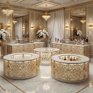 Elegante Bancone Circolare Ornato con Struttura <span class=keywords><strong>in</strong></span> Metallo Dorato e Superficie <span class=keywords><strong>in</strong></span> Vetro per Noleggio Arredamento Commerciale - Product Image 2