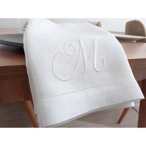 Grosir polos putih Linen katun Hemstitch tepi kustom Monogram bordir dan alami serbet tenun sederhana terlihat serbet kain