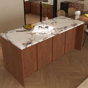 <b>Walnut</b> Wood Frame Island Counter Solid Wood Modern Kitchen Island With <b>Slab</b> Countertop Living Room Storage Partition Cabinet - Product Image 3