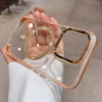 Coque transparente scintillante avec cadre d'objectif magnétique plaqué métal pour iPhone 16 Pro, 15, 14, 13, 12, 17 Pro Max, 15 Plus