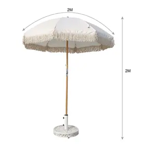 wholesale Umbrella Supplier Bohemia design Big wooden pole custom print Sun Garden macrame Beach umbrella with tassels