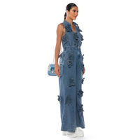Nouveau design de combinaison personnalisée sans manches, col en V, ceinture réglable, combinaison en denim à fleurs en tissu denim, pantalon à jambes larges pour femmes