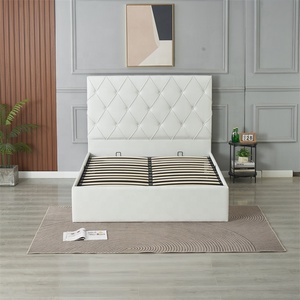 Lit ottoman Queen Size avec rangement, mobilier de chambre, revêtement en cuir blanc doux, tête de lit capitonnée à boutons, lits rembourrés - Product Image 2