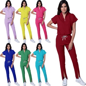 Women's Scrub Set Short Sleeve Solid Color Split <b>Pants</b> Quick Dry <b>Work</b> Uniform For Nurses Doctors Spa Beauty Staff - Product Image 1