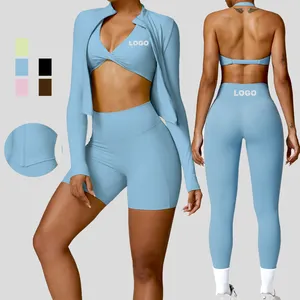 Women Fitness Roupa De Esporte V-neck Cross Back <strong>Sport</strong> <strong>Bra</strong> Zipper Jacket High Waist Shorts Push up <strong>Leggings</strong> 4 Pcs Yoga Gym <strong>Set</strong> - Product Image 1