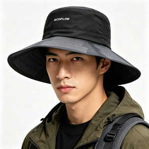 Chapeau de soleil unisexe noir à large bord avec logo ECOFLOW, protection UV, imperméable, pour activités de plein air, pêche, randonnée, voyage décontracté, motif quadrillé sur le bord - Product Image 1