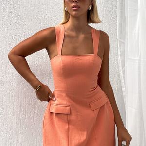 Vestido Mini de Lino y Algodón Personalizado OEM con Tirantes Ajustables y Bolsillo Delantero, Vestido Formal - Product Image 5