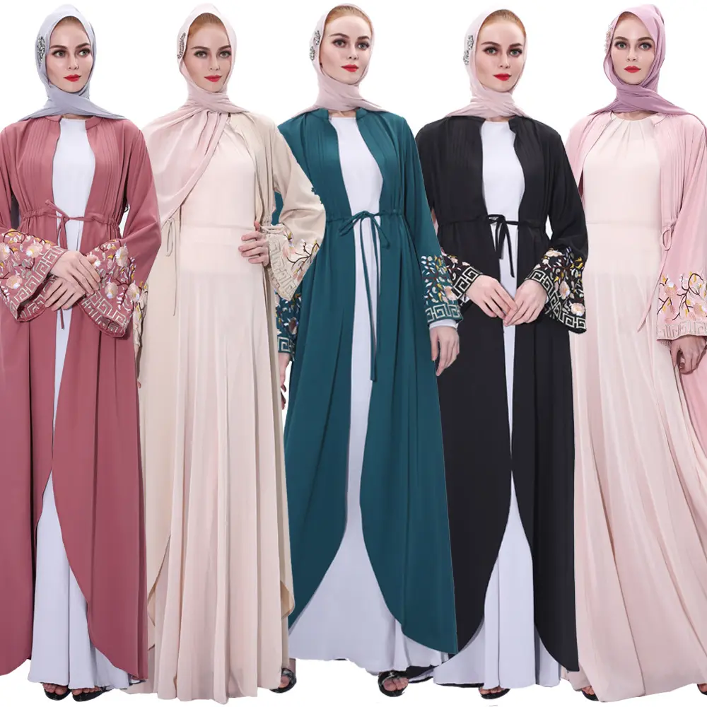 이슬람 의류 베스트 셀러 Monsoon 오픈 Abaya 기모노 여성 긴 가운 이슬람 드레스 도매 블랙 자수 Abaya