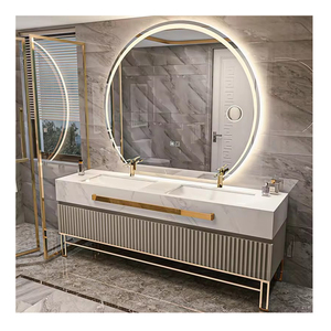 Gabinete de Baño de Lujo con Lavabo, Montado al Piso, con Encimera de Pizarra y Espejo Inteligente con Luz Led - Product Image 1