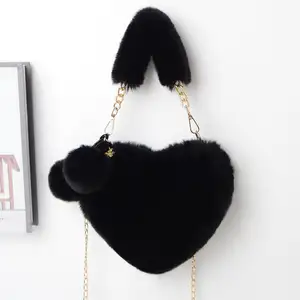 RU fashion bags for ladies girls 2022 heart shaped faux fur handle bag winter bags heart fur purse