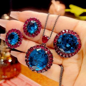 Fashion Eco-friendly Copper Costume Jewelry <b>Set</b> for <b>Women</b> 18*20mm Blue Cubic Zirconia Vintage Premium Necklace Earrings <b>Ring</b> <b>Set</b> - Product Image 2