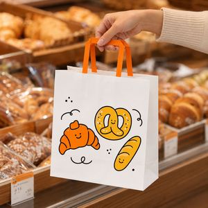 Sacs en papier blancs personnalisés avec logo, poignées plates orange, pour boulangerie, pain, gâteaux, emballage à emporter, sacs de courses recyclables - Product Image 2