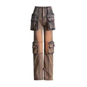 2023 tendencias bolsillos de alta calidad lavados pierna recta Casual Cargo pantalones vaqueros para mujeres