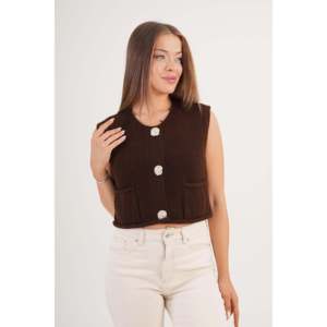 Gilet en tricot café pour femme Mossk avec boutons dorés et double poche, vêtement d'extérieur - Product Image 3