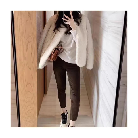 Custom Leather Pants Women Straight Style Slim Casual Cropped Brown Leather Pants