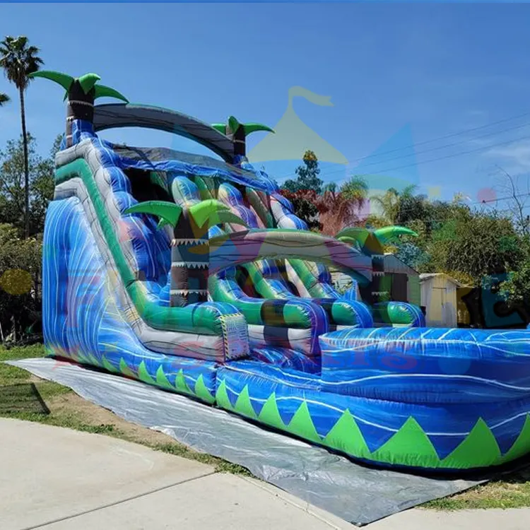 18 ft commercial grade backyard kids entertainment jumper castle toboggan gonflable inflatable blue dual lane waterslide