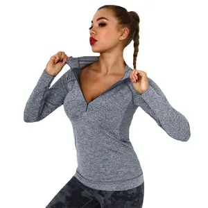 性感女士时尚健身房健身服瑜伽纯色针织莱卡空白定制标志四分之一拉链女式运动衫