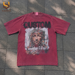 Custom Designer Brand Mock Neck Sun Faded <b>Graphic</b> <b>Tees</b> OEM/ODM Dtg Print Distressed Digital Printing Acid Wash T-shirt - Product Image 2