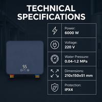 OEM/ODM Pemanas Air Listrik Instan 6KW/220V untuk Wastafel Dapur dengan Layar LED, Elemen Pemanas Aluminium Cor, Plastik Rumah Tangga, Bahasa Inggris