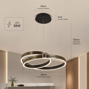 Lámpara de araña moderna con anillo de metal, 88W, LED tricolor, acabado en negro y dorado, para comedor, sala de estar, interior, altura ajustable - Product Image 3