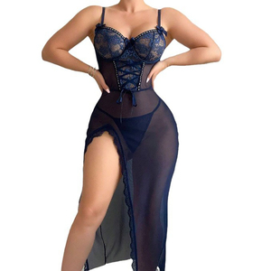 Lencería Erótica para Mujer, Camisón Transparente con Bordado de Encaje, Pijama Sexy hasta la Rodilla, Venta Caliente de Fábrica - Product Image 6