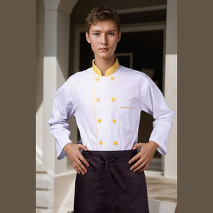 <b>Chef</b> Uniform Short Sleeve White With Yellow Trim Cotton Breathable For Restaurant Kitchen Workwear Men Women - Product Image 4