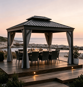 Gazebo Moderno <span class=keywords><strong>de</strong></span> Aluminio con Techo Doble y Cortinas, Pabellón <span class=keywords><strong>de</strong></span> Lujo para Comer al Aire Libre, Ideal para Hoteles, Resorts, Jardines y Patios - Product Image 1